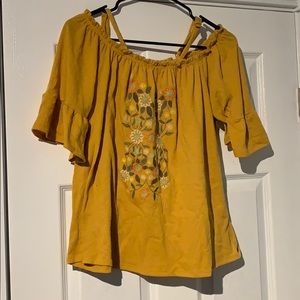 Yellow and flower embroidered cold shoulder blouse